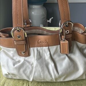 Coach Tan and White Shoulder Bag with Pleated Design